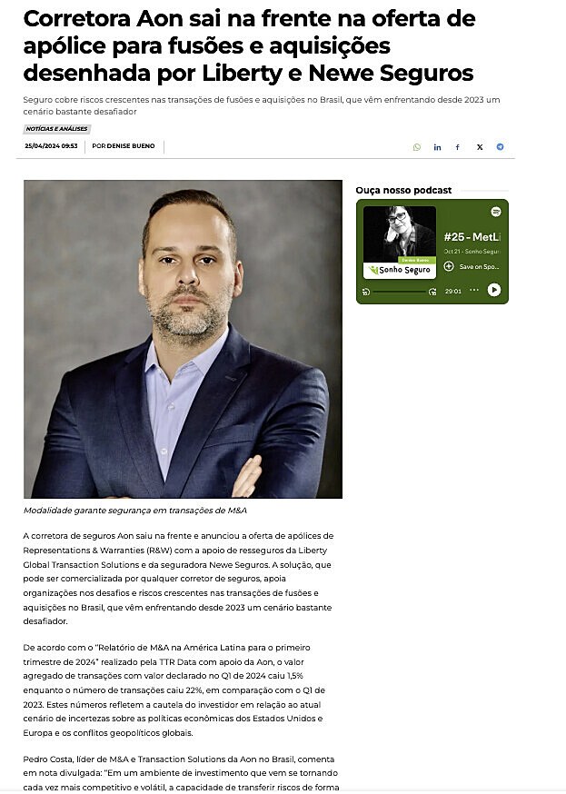 Corretora Aon sai na frente na oferta de ap�lice para fus�es e aquisi��es desenhada por Liberty e Newe Seguros